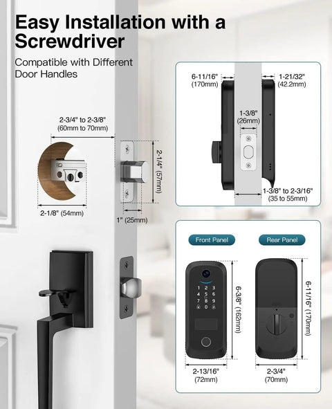 Diagram showing installation of Video Smart Lock With Camera 2K HD, Keyless Entry, on a door with measurements included.