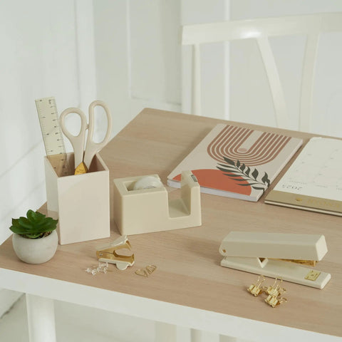 Aesthetic Desk Accessories Set Complete Desktop Organizer For Women With Gold Finish Pen Holder Scissors Stapler Tape Dispenser And More To Level Up Your Home Office Decor And Boost Productivity on a wooden desk