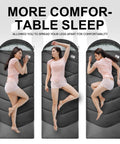 Three positions showing the Cozy Yet Lightweight 3-4 Season Sleeping Bag For Adults And Kids in use, demonstrating comfort and space.