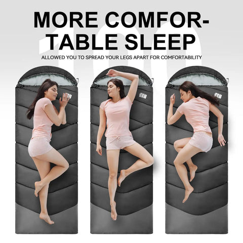 Three positions showing the Cozy Yet Lightweight 3-4 Season Sleeping Bag For Adults And Kids in use, demonstrating comfort and space.
