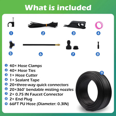 66 Ft Drip Irrigation Kit With Dope 20 Piece 360 Degree Adjustable Misting Nozzles And 0.3 Inch Hose components