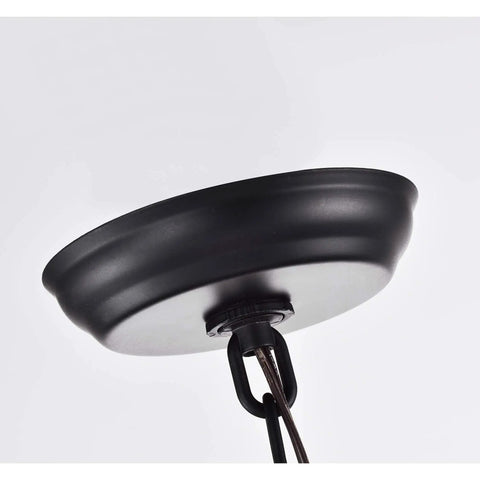 Ceiling mount detail of Akua Imitation Wood Grain Matte Black Four Light Drum Chandelier With Metal Frame And Glass Accents For Warm Modern Vibe ETL Listed Requires Four 60 Watt E12 Bulbs Not Included.
