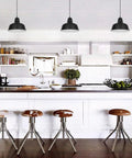 Black Industrial Pendant Lights Set Of 3 Modern Farmhouse Ceiling Fixtures in white kitchen with island and stools