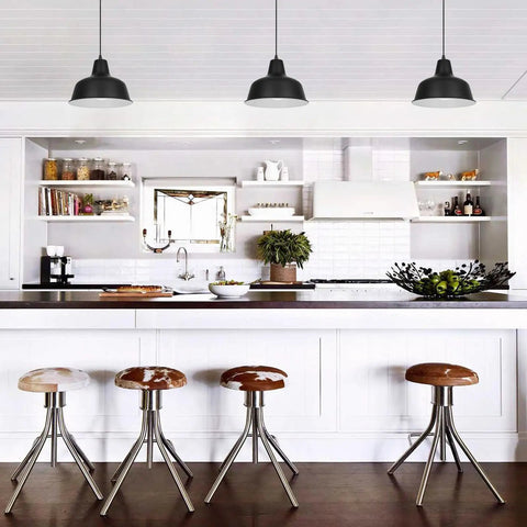 Black Industrial Pendant Lights Set Of 3 Modern Farmhouse Ceiling Fixtures in white kitchen with island and stools