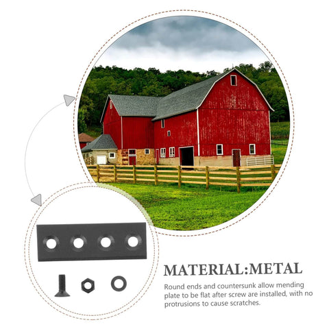 Image showing a red barn and metal mending plate set. Sliding Barn Door Track Hardware Kit With Straight Brace Brackets Replacement Track Connector.