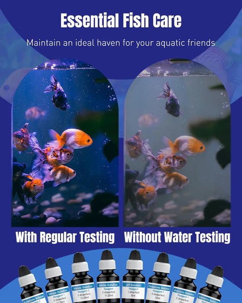 Comparison of fish tank water quality with and without using Pro Grade 5 In 1 Aquarium Water Master Test Kit For pH Nitrite Nitrate Ammonia And Phosphate Easy To Use All In One Fish Tank Water Testing Kit For Freshwater And Saltwater Tanks.