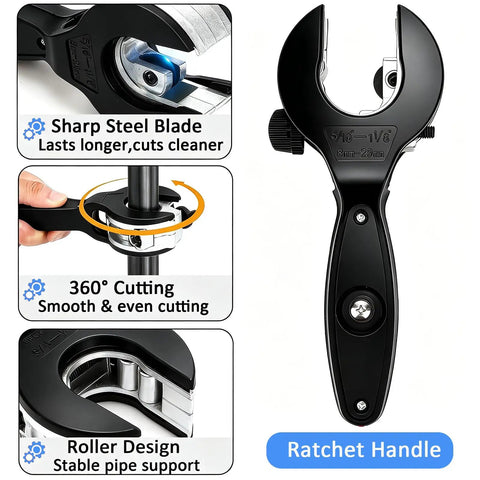 Ratcheting Tubing Cutter For Copper And Metal Pipes 5/16 To 1 1/8 Inch 2 In 1 Close Quarters Cutter With Deburring Tool And 4 Replacement Cutter Heads Boxed Set black ratchet handle, 360° cutting