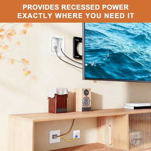 In-Wall Cable Management Kit For TV Mounts, Hidden Recessed Outlet Box with visible cables, 9Ft Power Cord shown in use