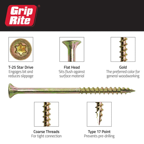 8 By 2 Inch Gold Finish Wood To Wood Cabinet Screw With Type 17 Drill Point Self Piloting For Cabinets Framing Shelving And Subfloors 1Lb Pack Heavy Duty Construction Fastener, shown with T-25 star drive and coarse threads