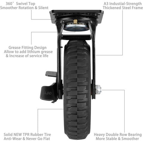 Eight Inch Heavy Duty Caster Wheels Set Of Four Featuring Never Flat Solid Rubber Tires With Knobby Treads showing grease fitting and swivel top.