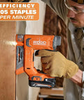 Man using 18V Cordless Crown Stapler With Three Eighth Inch Heavy Duty Fasteners And Two Point Oh Amp Hour Battery Charger Kit for woodworking