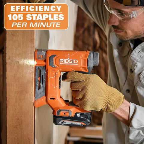 Man using 18V Cordless Crown Stapler With Three Eighth Inch Heavy Duty Fasteners And Two Point Oh Amp Hour Battery Charger Kit for woodworking