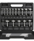 Heavy Hitter 16 Piece High Carbon Steel Forstner Drill Bit Set With Hex Shank For Smooth Woodworking And Clean Hole Cutting, displayed in a case.