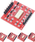 Five-Piece Four-Channel Optocoupler Isolation Module With TLP281 ICs for Arduino, red circuit board with pin arrays