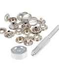 Badass Button Snap Tool Kit For Leather Jeans And Canvas With Sturdy Grommet Fastener Heavy Duty Metal Snaps, silver snaps and setting tool.