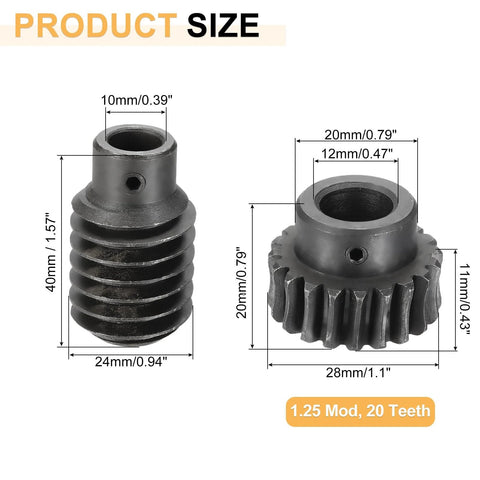 uxcell 1045 steel worm gear set: 20T worm gear and wheel, 1.25 mod, 1:20 reduction, bore 12mm, OD 28mm, right-rotation