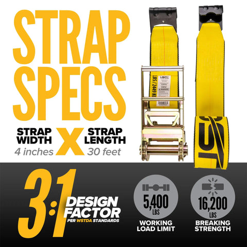 Flat Hook Ratchet Strap 4 Inch By 30 Foot Heavy Duty Webbing For Flatbed Trailers, 5400 Lbs Working Load Limit shown with specs