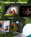Go To Solar Camping Light For Tent Power Outages, Rechargeable LED Lantern shown in different scenarios like camping, hiking, and repair.