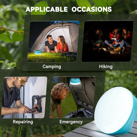 Go To Solar Camping Light For Tent Power Outages, Rechargeable LED Lantern shown in different scenarios like camping, hiking, and repair.