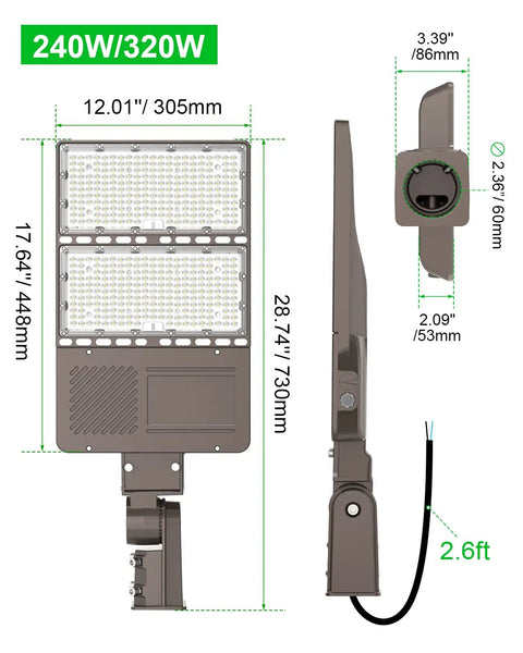 Dimensions diagram of 240W LED Parking Lot Light With Photocell, 33,600 Lumens, 5000K Daylight White, Type III Distribution