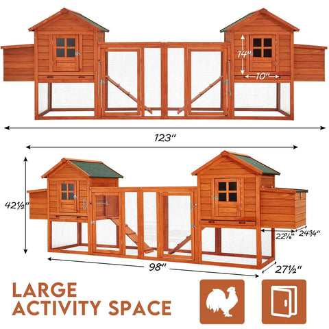 Dimensions of Big Ol Wooden Chicken Coop With Run For 4-6 Chickens, 2-Tier Outdoor Hen House, Weatherproof Fir Wood