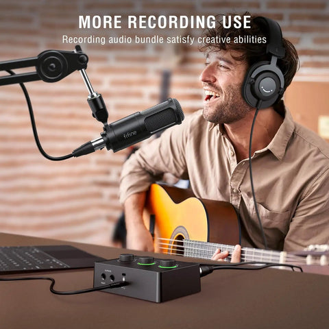 Man using Podcast Equipment Bundle For Home Studio Music Recording Kit With Studio Dynamic Microphone And USB Audio Mixer KS6
