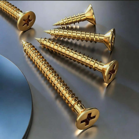 High Strength Zinc Plated Flat Head Wood Screws Rock Solid Self Tapping Hardware Set on metal surface with yellow zinc finish.