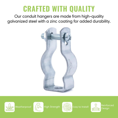 20 Pack Lighting Conduit Hangers For One And A Half Inch Galvanized Conduit Clamps With Carriage Bolts And Nuts Rigid Conduit Mounting Clips For Electrical Wiring Pre Assembled Durable Steel displayed.