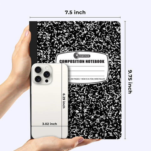 Hands holding notebook with ruler showing size, Black Marble design, durable sewn binding, 100 Pack Wide Ruled Composition Notebooks Bulk 200 Pages Each Hard Cover