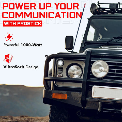 Front view of vehicle with Beefy 4 Foot Fiberglass CB Radio Antenna, 1000 Watt Rated, VibraSorb Anti Breakage Design, black finish.