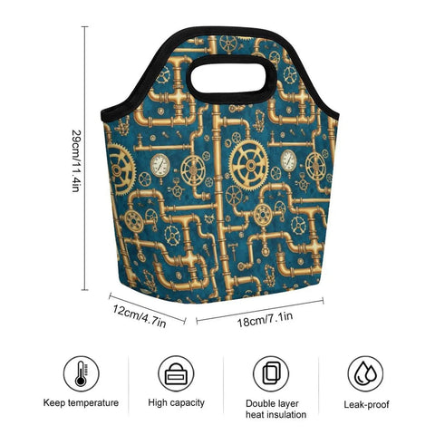 Steampunk Gear Lunch Bag For Women And Men Portable Insulated Waterproof Reusable with pipe design and easy carry handle