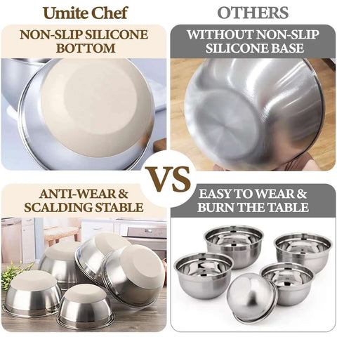 Comparison of Eight Piece Khaki Stainless Steel Nesting Mixing Bowls With Airtight Lids and non-slip bottoms versus others