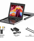 1U Rack Mount KVM Console With 17 Inch LCD Monitor showcasing keyboard, touchpad, and VGA cables for seamless operation.