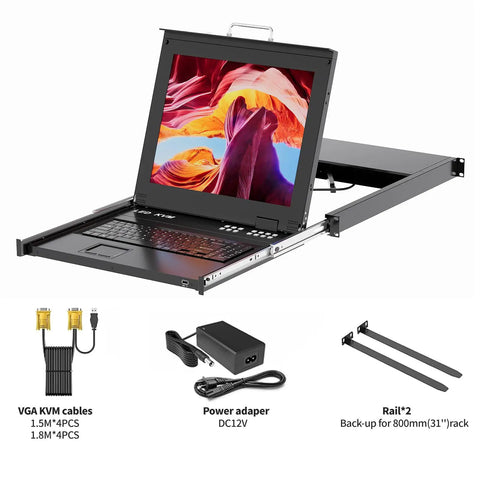 1U Rack Mount KVM Console With 17 Inch LCD Monitor showcasing keyboard, touchpad, and VGA cables for seamless operation.