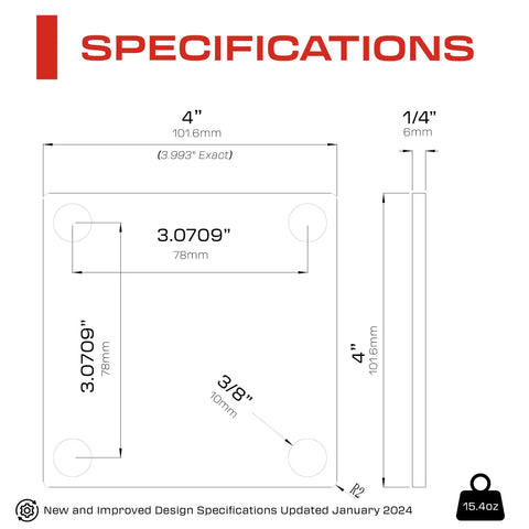 Dimensions of Weldable 4 By 4 Inch Square Steel Baseplates One Quarter Inch Thick A36 Carbon Steel Laser Cut Deburred