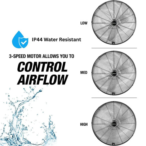 Image showing different speeds of the Beefy 24 Inch Outdoor Wall Mount Fan With 6800 CFM Airflow 80 Degree Oscillation Water Resistant