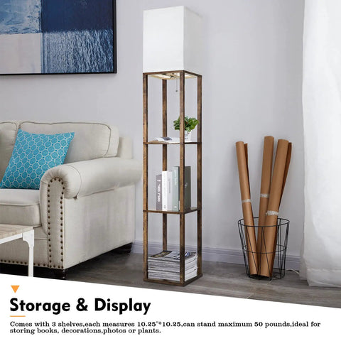 Floor Lamp With Shelves Triple Display 63 Inch Tall Space Saving Standing Corner Light With 3 Color Temperature 8W Bulb Wood Brown Modern Style