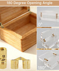 Wooden box with hidden brass barrel hinges at 180 degree angle, part of the Hidden Brass Barrel Hinges Set With Drill Bit For Wooden Boxes