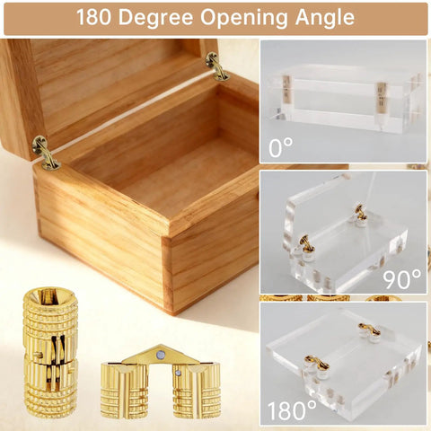 Wooden box with hidden brass barrel hinges at 180 degree angle, part of the Hidden Brass Barrel Hinges Set With Drill Bit For Wooden Boxes