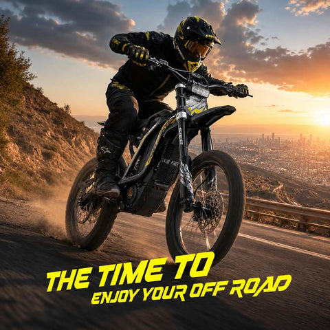 Rider on Heavy Duty 16000 Watt Electric Dirt Bike For Adults navigating rocky terrain at sunset.