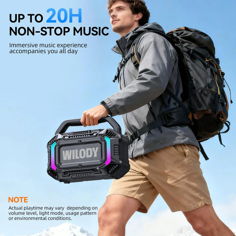 Person carrying Beast 100W Bluetooth Outdoor Speaker with IPX7 waterproof floatable design, 20h playtime, RGB lights.