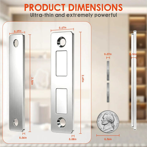 Dimensions of Three Pack Magnetic Door Catch Set With Dual Magnets Heavy Duty 30 Lb Cabinet Catches Secure With Screws Or Double Sided Tape Silver Finish For Cabinets And Drawers