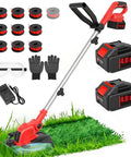 Two In One Cordless Weed Wacker And Lawn Edger With 12 Inch Cut, Battery Powered, shown with accessories including spools and charger