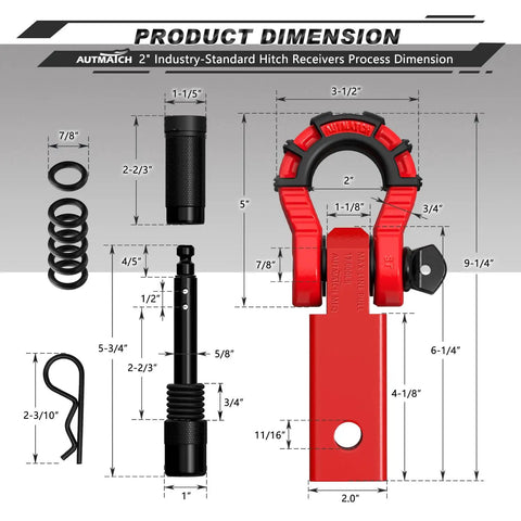 Heavy Duty Off Road Towing Kit With 2 Inch Shackle Hitch Receiver, dimensions of components shown with detailed measurements.