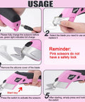 Instructions for using 3.7V Cordless Electric Scissors Fast Cutting Fabric Cutter For Carpets Cardboard Leather With Dual Blades And Charging Cable Perfect DIY Sewing Tool Lightweight Handheld Design Easy To Use Powerhouse Pink.
