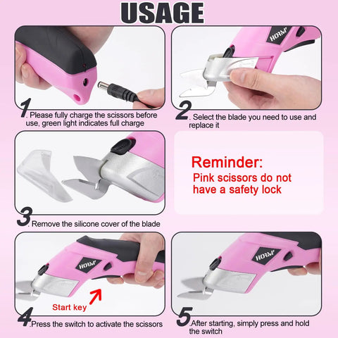 Instructions for using 3.7V Cordless Electric Scissors Fast Cutting Fabric Cutter For Carpets Cardboard Leather With Dual Blades And Charging Cable Perfect DIY Sewing Tool Lightweight Handheld Design Easy To Use Powerhouse Pink.