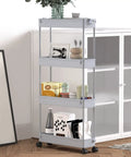 Slim 4 Tier Storage Cart, Rolling Utility Organizer, gray, shown in office setting next to cabinet, filled with items