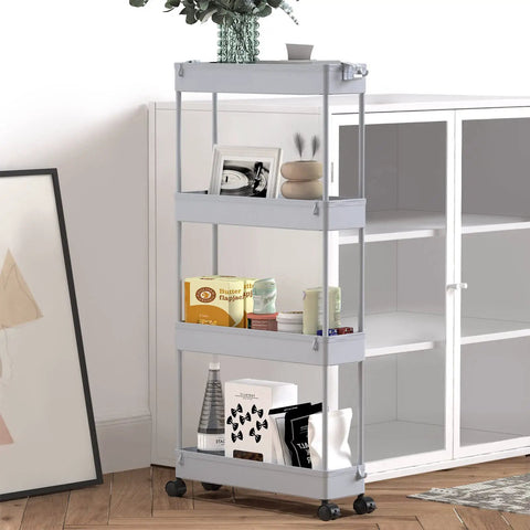 Slim 4 Tier Storage Cart, Rolling Utility Organizer, gray, shown in office setting next to cabinet, filled with items