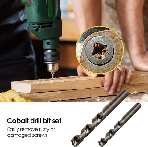 25 Piece Screw And Bolt Extractor Set With Left Hand Drill Bit Included For Removing Damaged Stripped Bolts Screws Nuts Studs And Fittings Pro Grade Multi Spline Easy Out Tools Built From High Hardness Chromium Molybdenum Steel For Maximum Grip shown drilling into wood with cobalt drill bits.