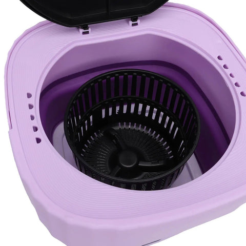 Top Slick 6 Liter Portable Mini Washer Folds Flat For Cramped Dorm Spaces showing interior view with black basket and purple body.